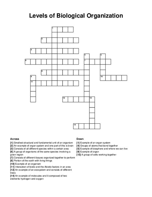 Levels of Biological Organization Crossword Puzzle