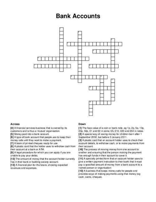 Bank Accounts Crossword Puzzle