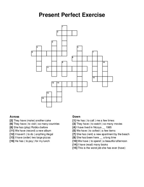 Present Perfect Exercise Crossword Puzzle