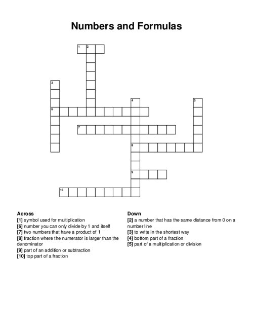 Numbers and Formulas Crossword Puzzle