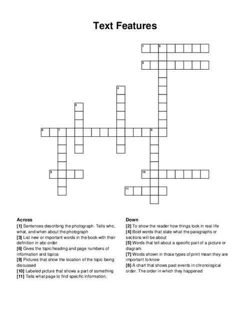 Text Features Crossword Puzzle