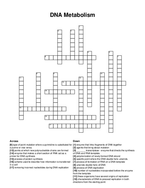 DNA Metabolism Crossword Puzzle