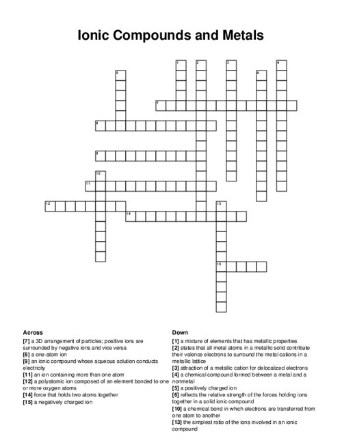 Ionic Compounds and Metals Crossword Puzzle