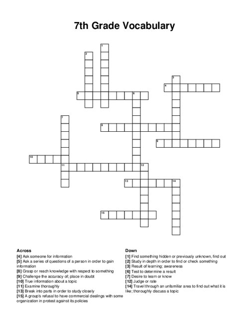 7th Grade Vocabulary Crossword Puzzle