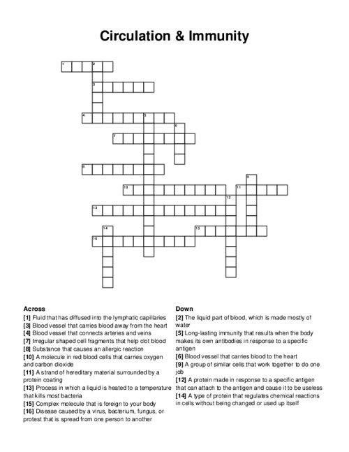 Circulation & Immunity Crossword Puzzle