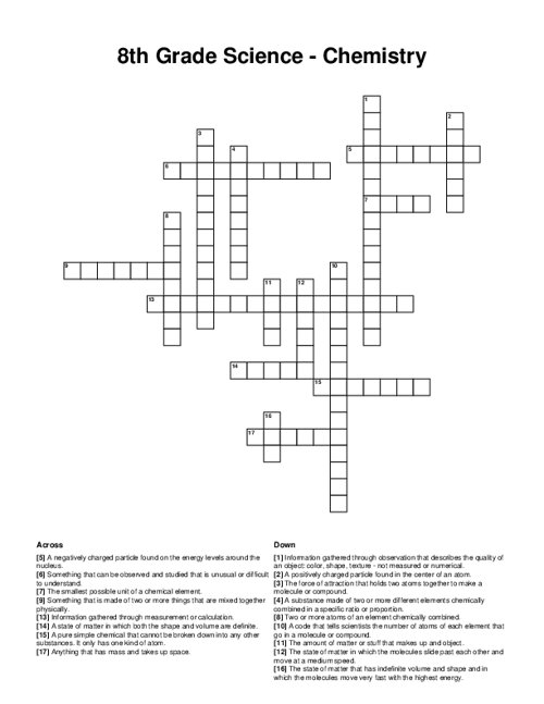 8th Grade Science - Chemistry Crossword Puzzle