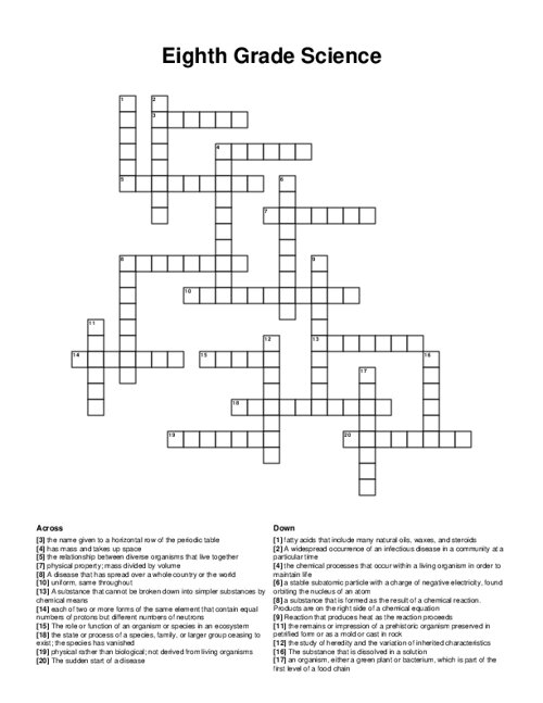 Eighth Grade Science Crossword Puzzle