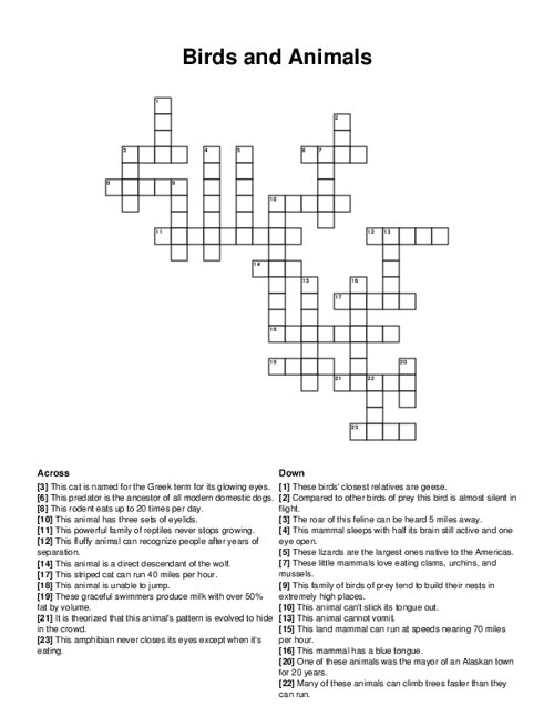 Birds and Animals Crossword Puzzle