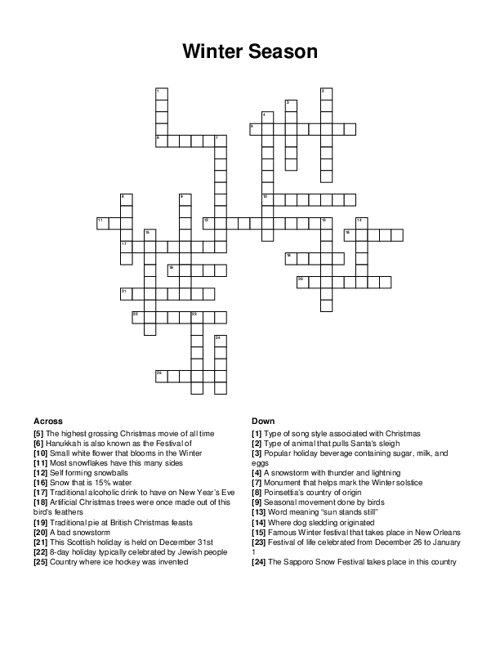Winter Season Crossword Puzzle
