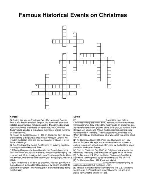 Famous Historical Events on Christmas Crossword Puzzle