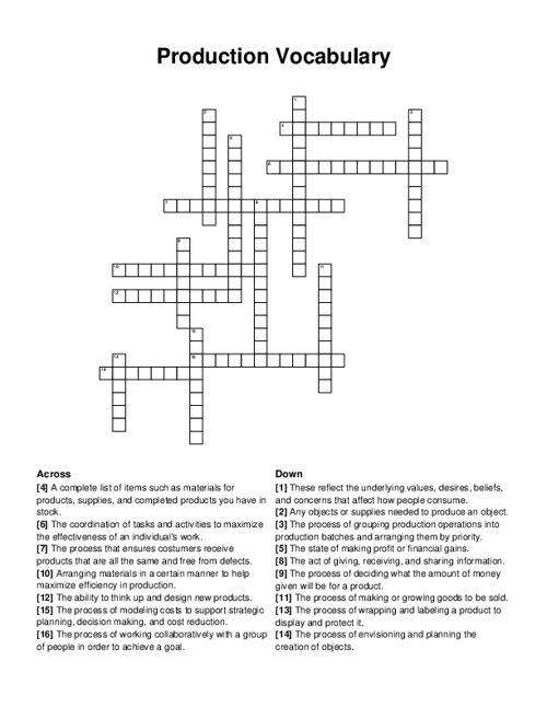 Production Vocabulary Crossword Puzzle