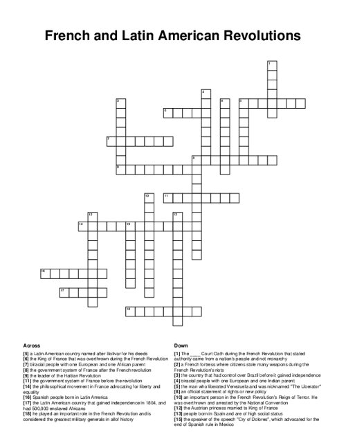 French and Latin American Revolutions Crossword Puzzle