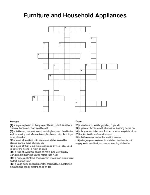 Furniture and Household Appliances Crossword Puzzle