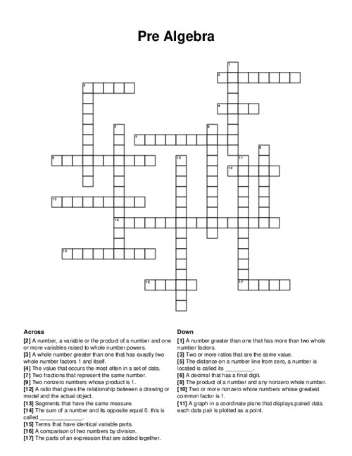 Pre Algebra Crossword Puzzle