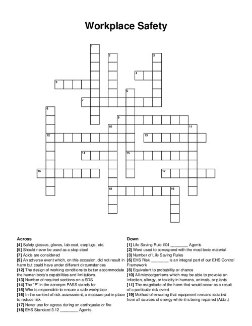 Workplace Safety Crossword Puzzle