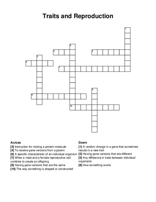 Traits and Reproduction Crossword Puzzle