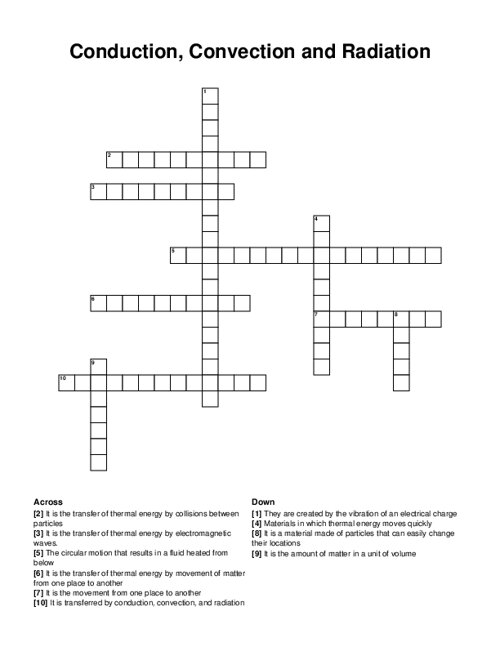 Conduction Convection and Radiation Crossword Puzzle