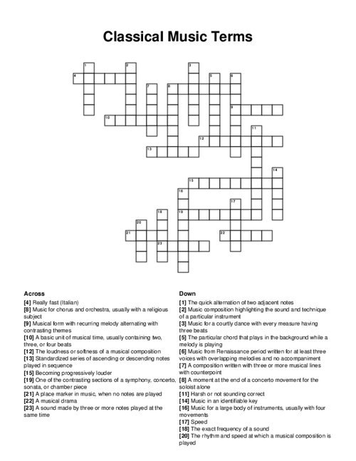 Classical Music Terms Crossword Puzzle