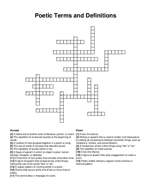 Poetic Terms and Definitions Crossword Puzzle