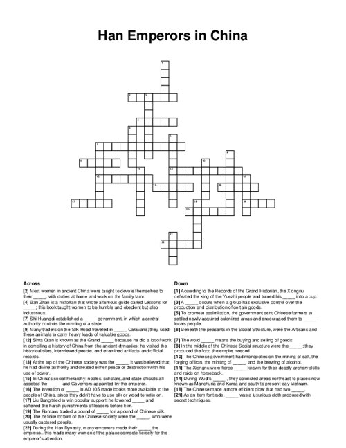 Han Emperors in China Crossword Puzzle