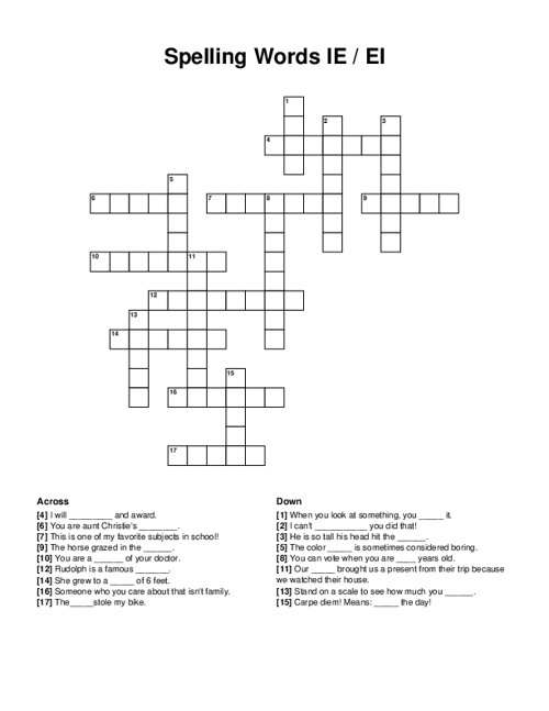Spelling Words IE / EI Crossword Puzzle