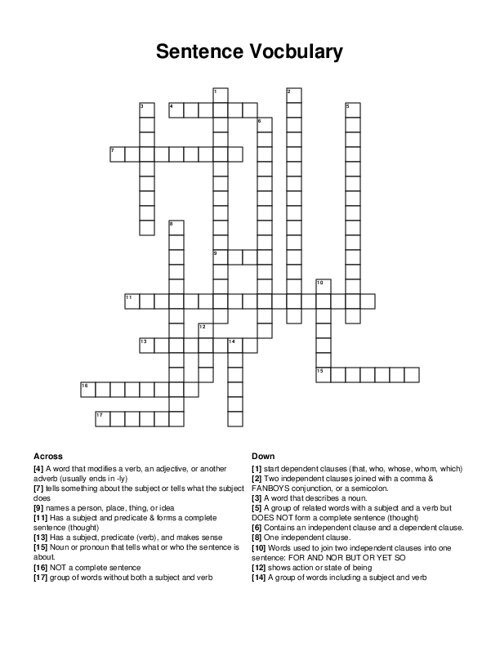 Sentence Vocbulary Crossword Puzzle