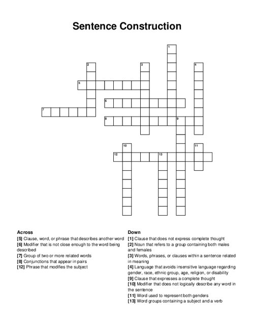 Sentence Construction Crossword Puzzle