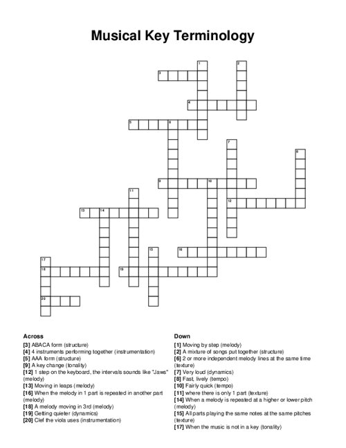 Musical Key Terminology Crossword Puzzle