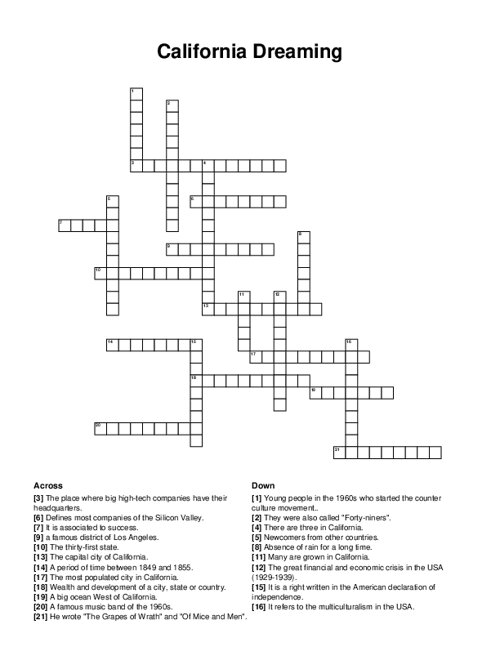 California Dreaming Crossword Puzzle