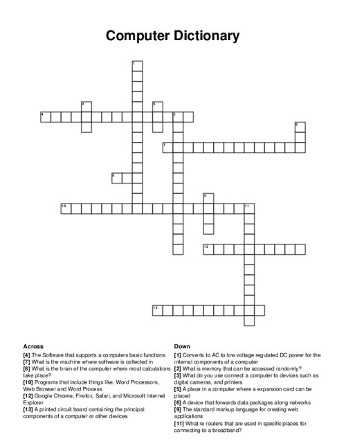 Computer Dictionary Crossword Puzzle