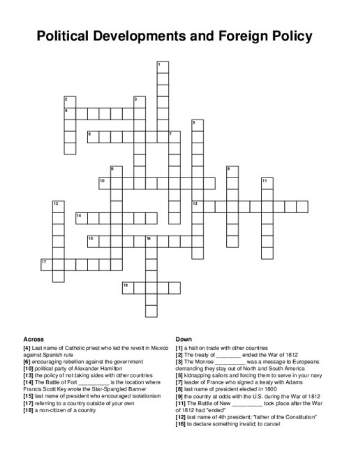 Political Developments and Foreign Policy Crossword Puzzle