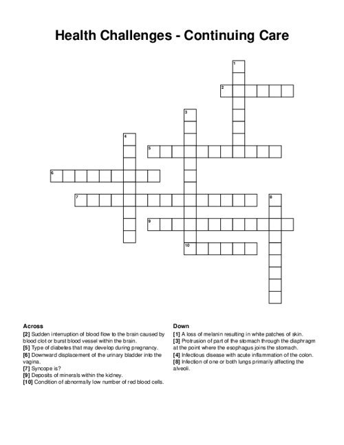 Health Challenges - Continuing Care Crossword Puzzle