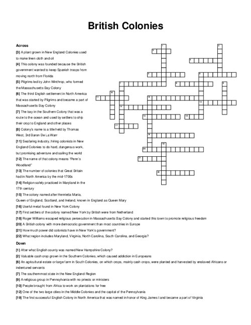 British Colonies Crossword Puzzle