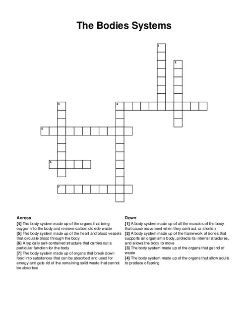 The Bodies Systems Crossword Puzzle
