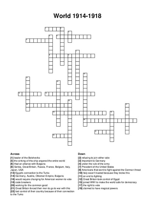 World 1914-1918 Crossword Puzzle
