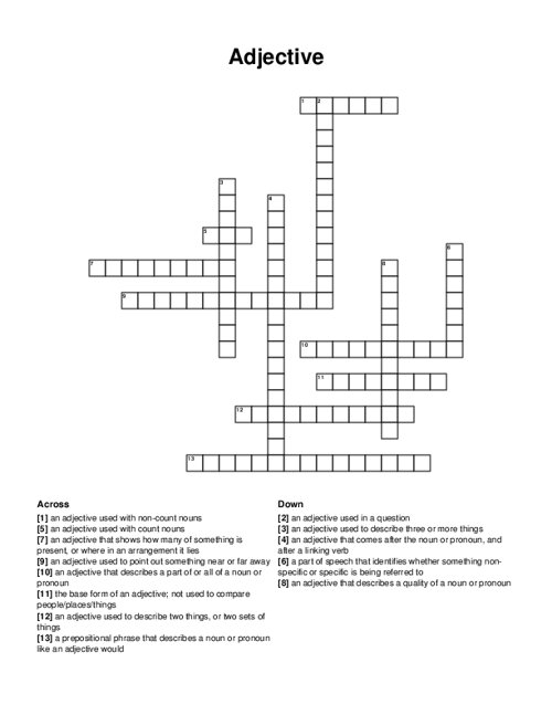 Adjective Crossword Puzzle