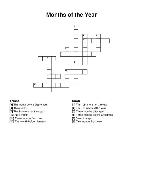 Months of the Year Crossword Puzzle