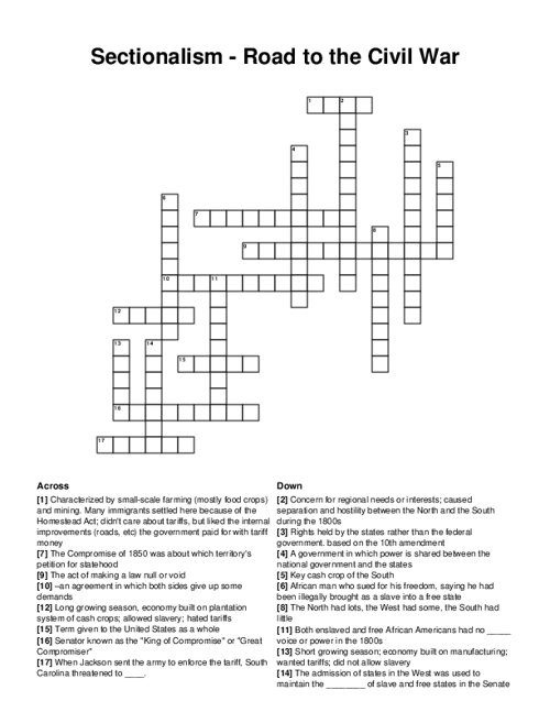 Sectionalism - Road to the Civil War Crossword Puzzle