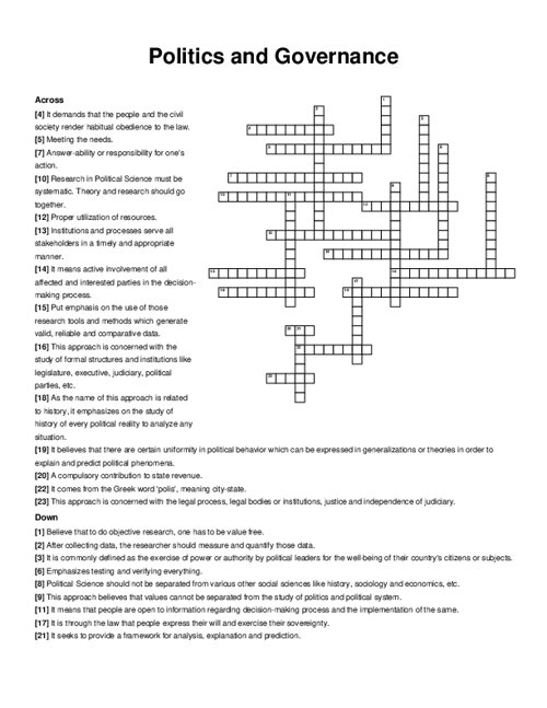 Politics and Governance Crossword Puzzle