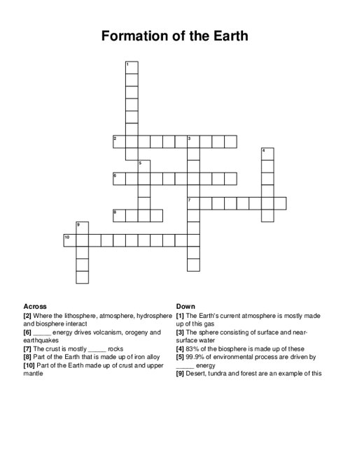 Formation of the Earth Crossword Puzzle