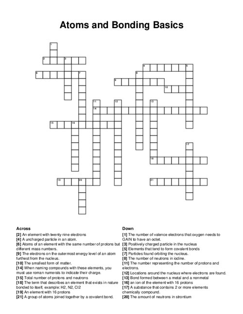 Atoms and Bonding Basics Crossword Puzzle