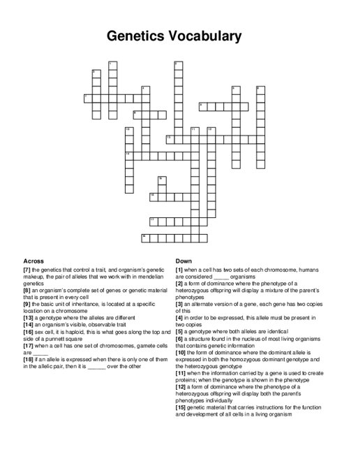 Genetics Vocabulary Crossword Puzzle
