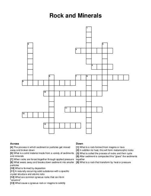 Rock and Minerals Crossword Puzzle