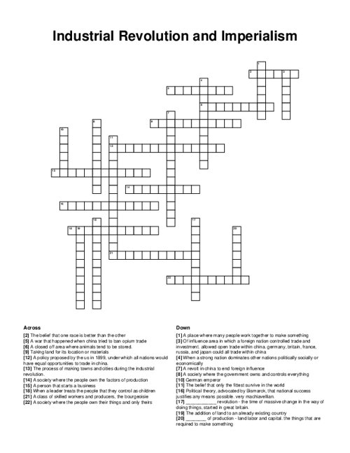 Industrial Revolution and Imperialism Crossword Puzzle
