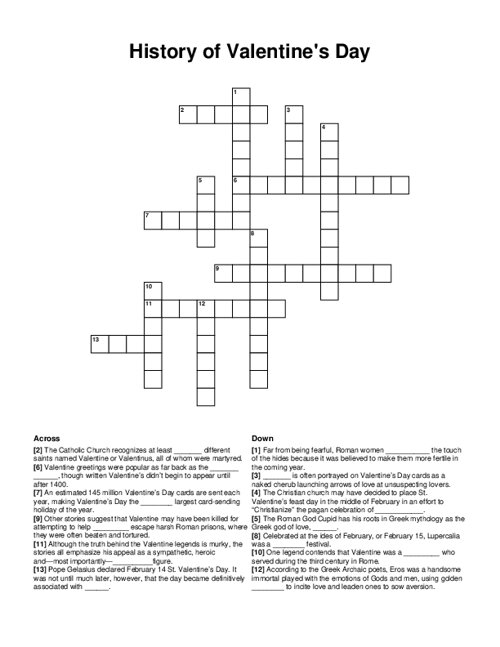 History of Valentines Day Crossword Puzzle