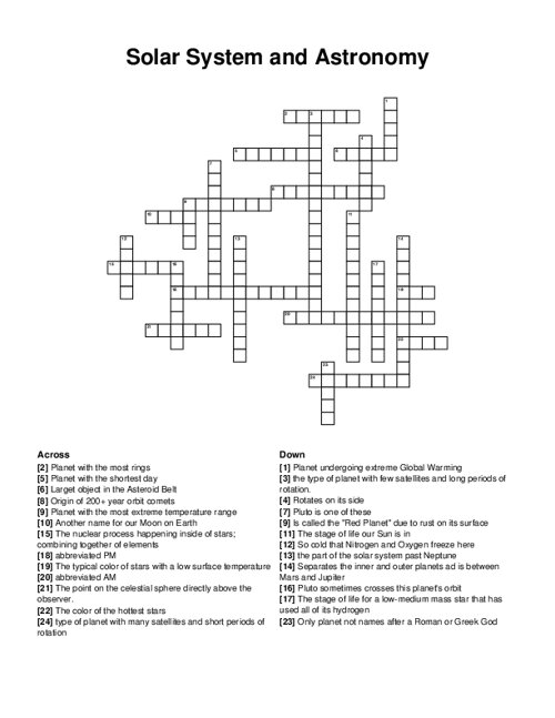 Solar System and Astronomy Crossword Puzzle