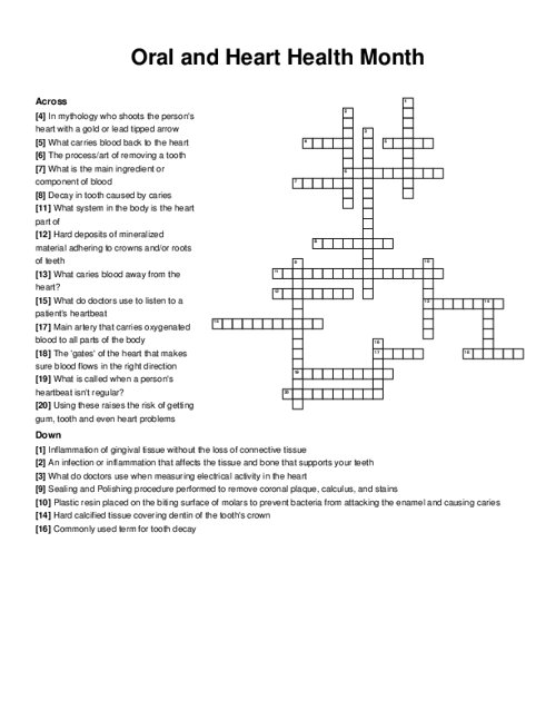 Oral and Heart Health Month Crossword Puzzle