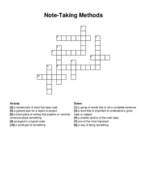 Note-Taking Methods Crossword Puzzle
