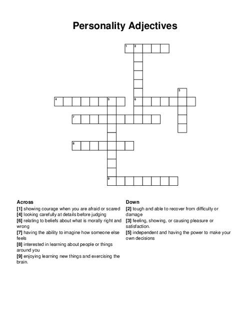 Personality Adjectives Crossword Puzzle