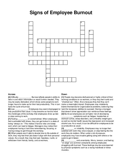 Signs of Employee Burnout Crossword Puzzle